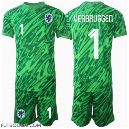 Camiseta Países Bajos Bart Verbruggen #1 Portero Primera Equipación para niños Eurocopa 2024 manga corta (+ pantalones cortos)